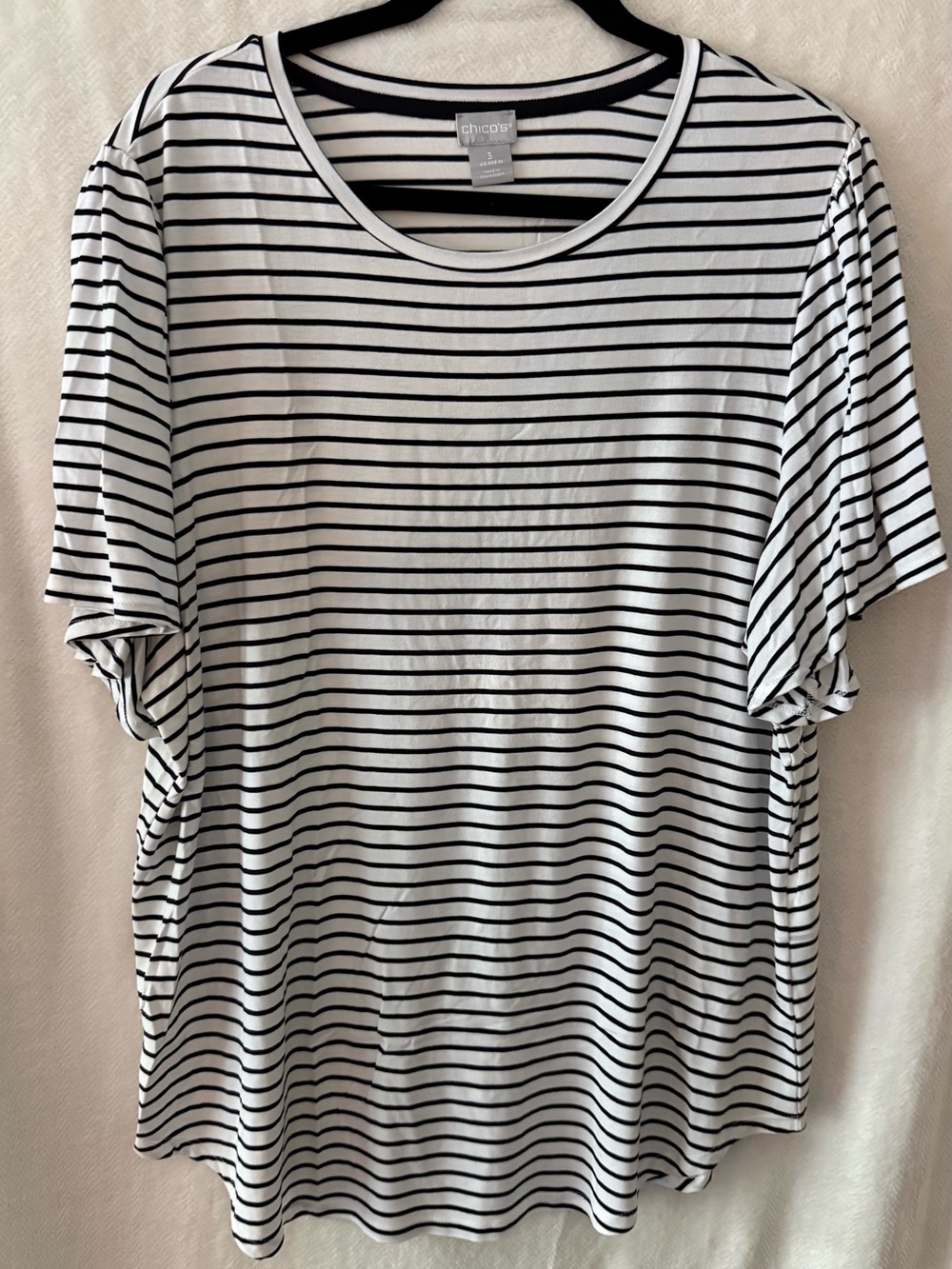 Chico's White and Black Stripe Short Sleeve Scoop Neck Tee
